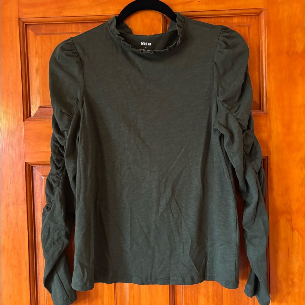 Maeve Dark Green Ruched Sleeve Blouse